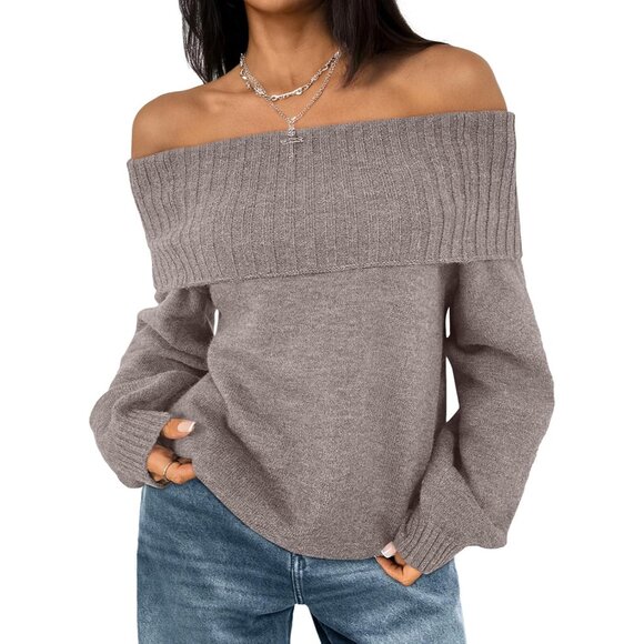 Fall Elegance: Rose Taupe Oversized Off-Shoulder Sweater for Chic Comfort - Picture 1 of 6
